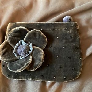 NWOT gray velvet change purse with beads and flower design